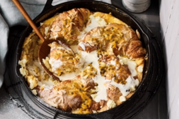 Almond croissant bread and butter pudding with chocolate and passionfruit