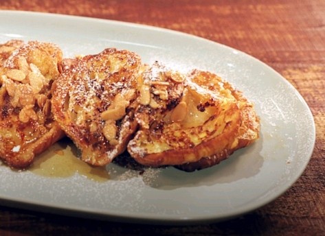Almond croissant French toast with almond butter syrup