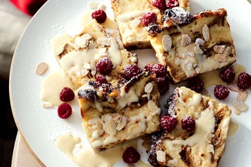 Almond croissant pudding with creme Anglaise