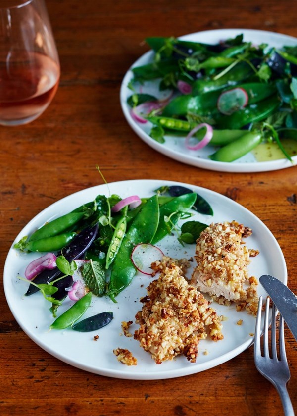 Almond-crusted chicken tenders with honey mustard