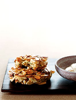 Almond-crusted shrimp cakes with lemon soy mayonnaise