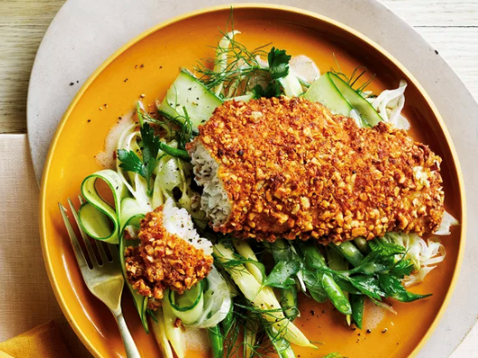 Almond-crusted snapper with buttermilk dressing and summer slaw