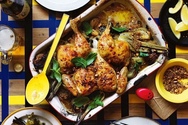 Almond dukkah chicken bake with amaranth and herbs