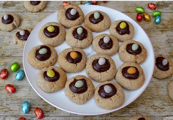 Almond Easter thumbprint cookies with Amaretto chocolate ganache