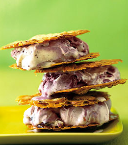 Almond Florentine and black raspberry chip ice cream sandwiches