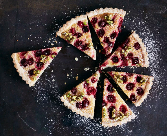 Almond frangipane tart with cranberries and honeyed pistachios