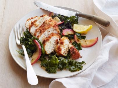 Almond fried chicken with roasted kale and apples