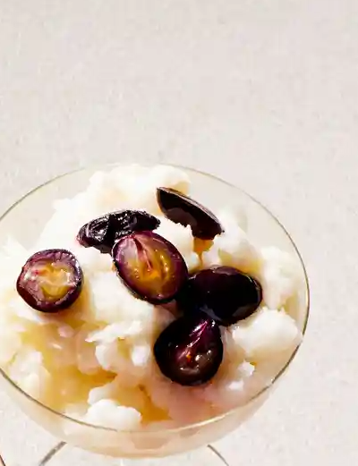 Almond granita with roast grapes