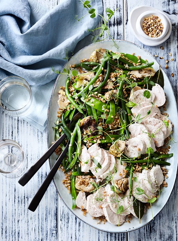 Almond milk and tarragon poached chicken and farro salad