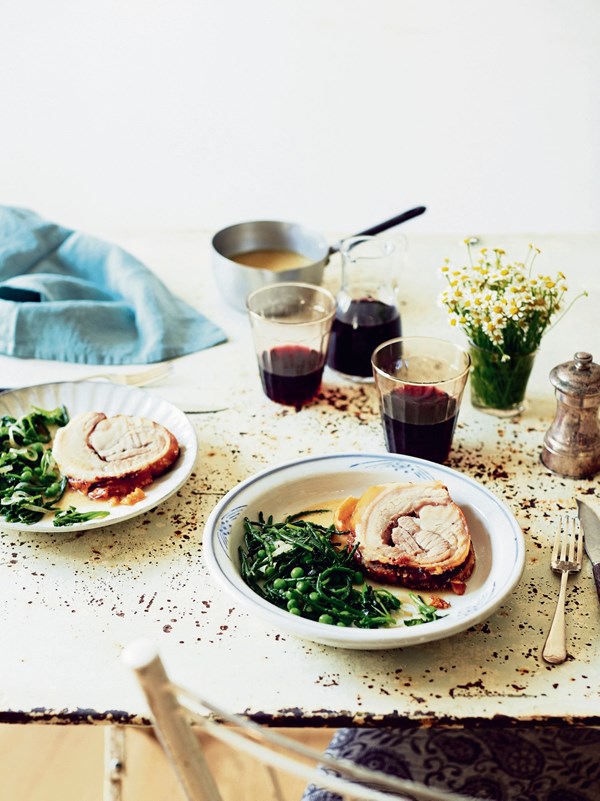 Almond milk-braised pork belly with peas, watercress & samphire