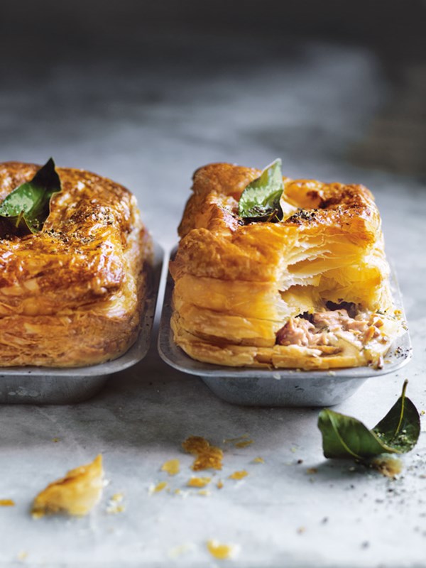 Almond-milk braised pork pies with caramelised fennel