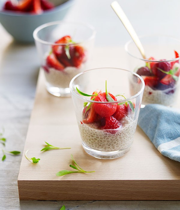 Almond milk chia with berries and watermelon in eucalyptus-hibiscus syrup