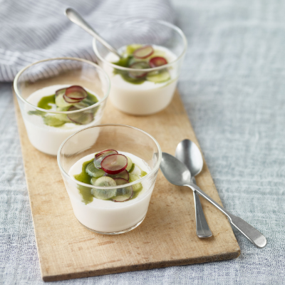 Almond milk jellies with matcha syrup