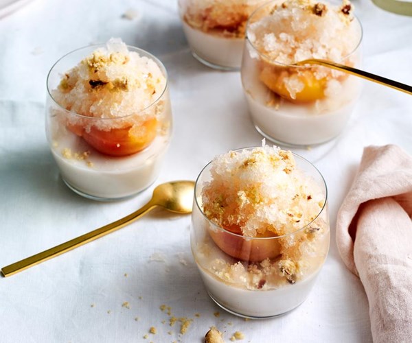 Almond milk jelly with Prosecco-poached peach and almond crumb