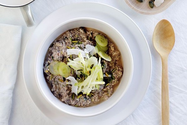 Almond milk quinoa Bircher with pistachio and cardamom