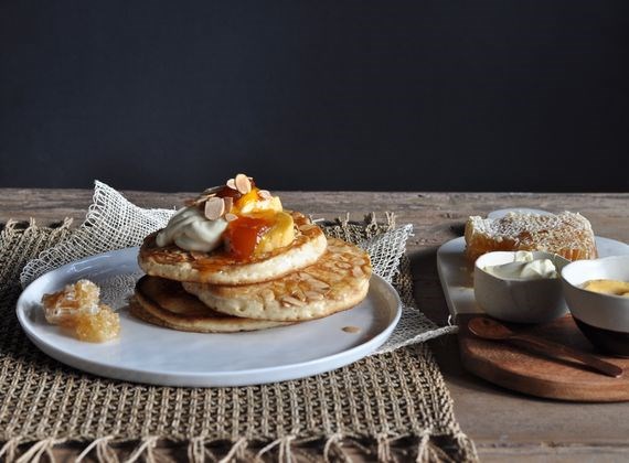 Almond pancakes with honeycomb and whipped apricot jam butter