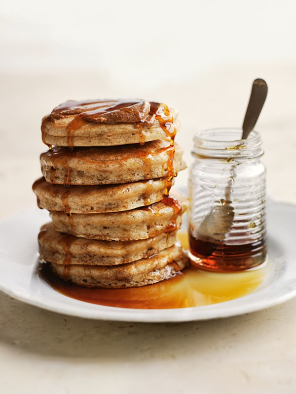 Almond pancakes with spiced almond butter and maple syrup
