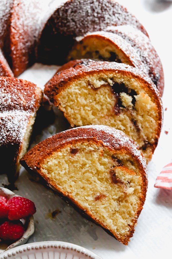 Almond pound cake with raspberry swirl