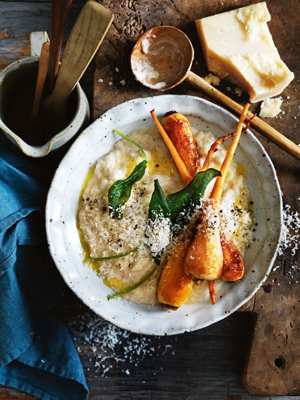 Almond risotto with roasted baby parsnips and crispy sage