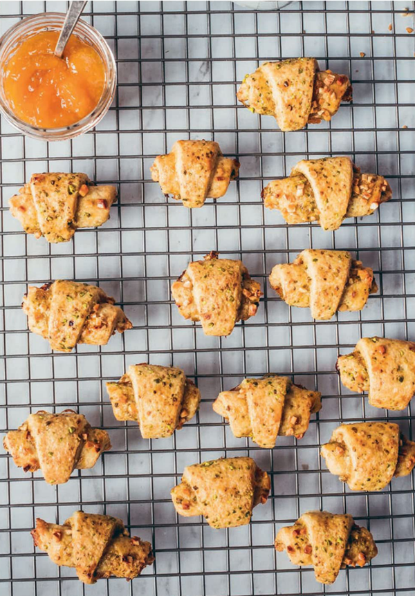 Almond rugelach with apricots and pistachios