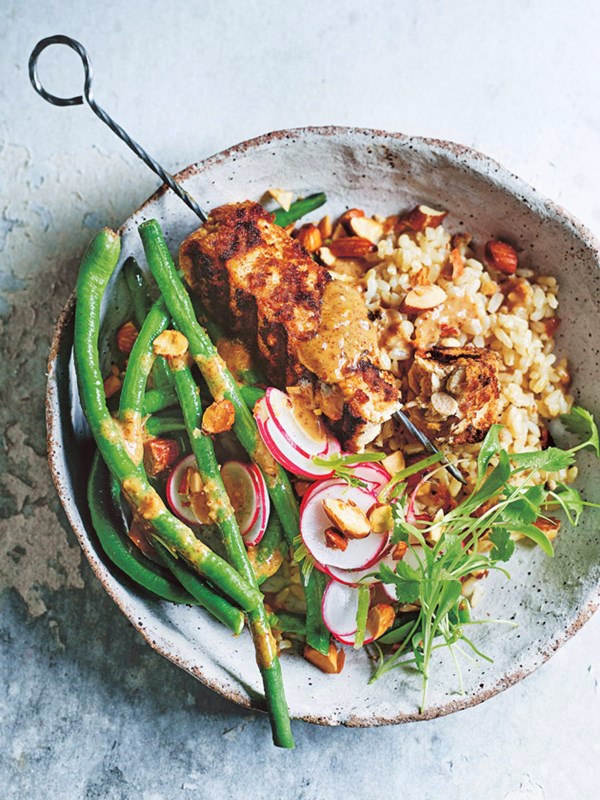 Almond satay tempeh skewers