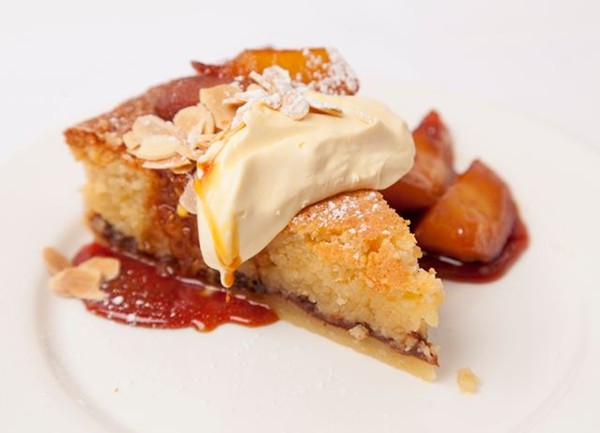 Almond tart with medlar jam, caramelised apples and Jersey cream