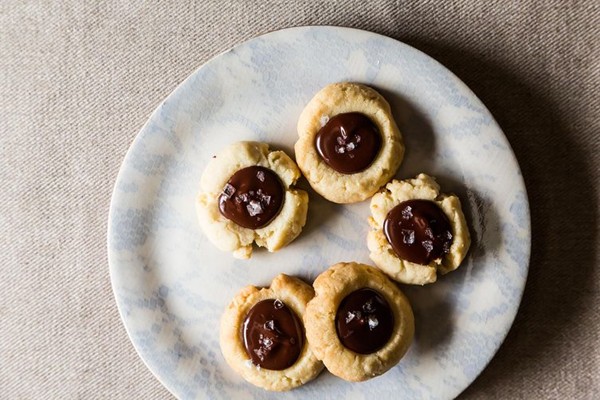 Almond thumbprint cookies with dark chocolate and sea salt