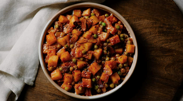 Aloo matar with brown butter tadka