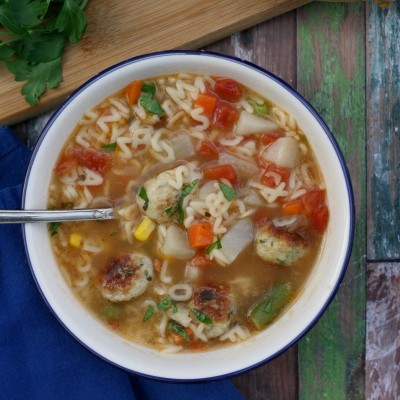 Alphabet veggie soup with mini chicken meatballs