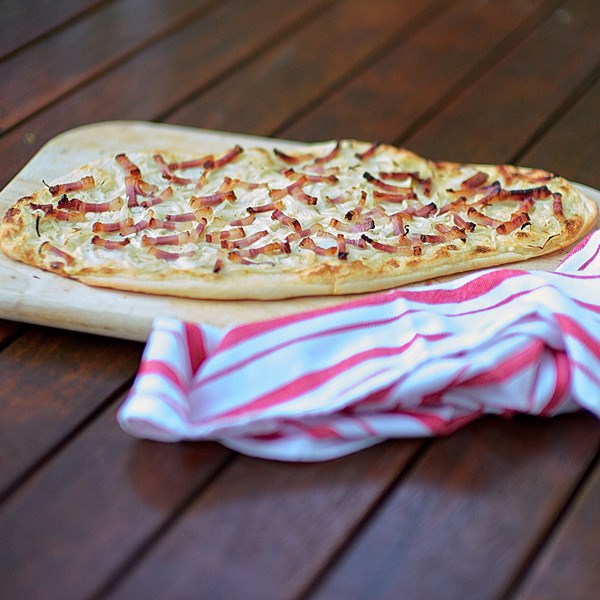 Alsatian flatbread with onion & speck (Tarte flambée / Flammekueche)