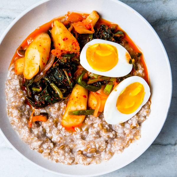 Alt-grain porridge with kimchi and jammy eggs