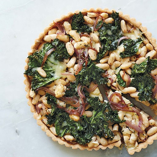 Amaranth tart with kale, caramelized onions, and Gruyère
