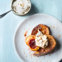 Amaretti French toast, peaches and mascarpone