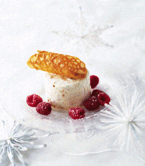 Amaretti tortoni with orange brandy snaps and raspberries