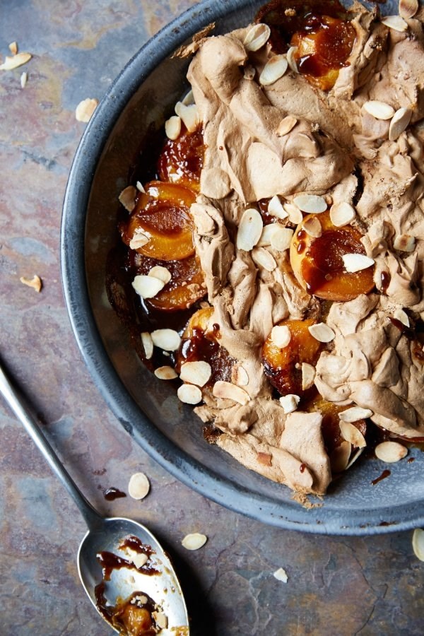 Amaretto apricots with brown-sugar meringue
