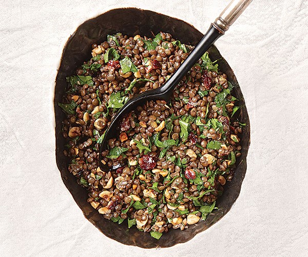 Amber ale lentil salad with hazelnuts and cherries