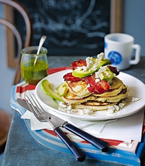 American-style buttermilk pancakes with crispy bacon, avocado and coriander-chilli oil