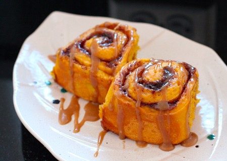 Amish pumpkin cinnamon rolls with caramel icing