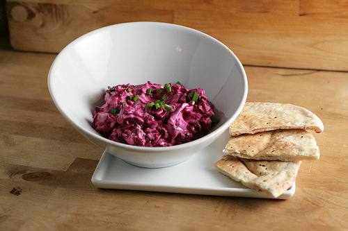 An American patzaria - creamy beet spread with blue cheese and bacon