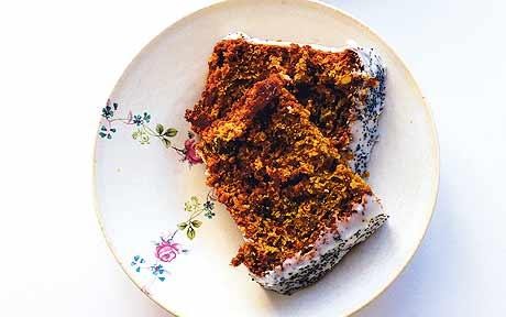An extremely moist chocolate beetroot cake with crème fraîche and poppy seeds