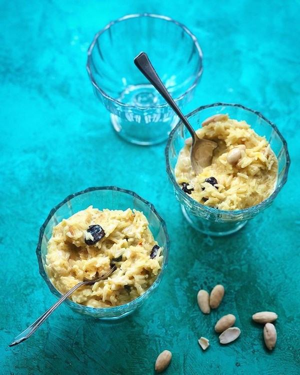 An Indian milk pudding with rice and saffron (Kesari kheer)