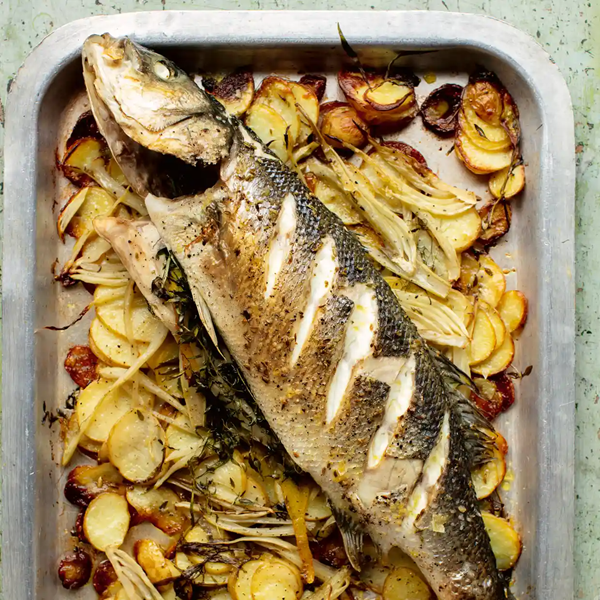 An updated Sunday lunch: whole roast sea bass