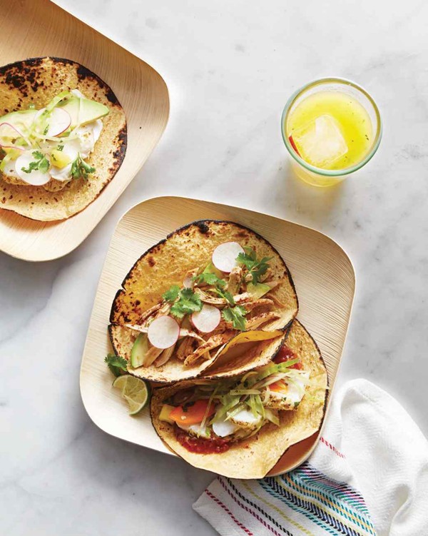 Ancho-chicken and oregano-cod tacos