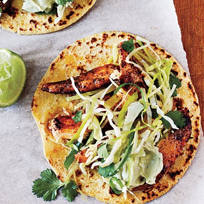 Ancho chicken tacos with cilantro slaw and avocado cream
