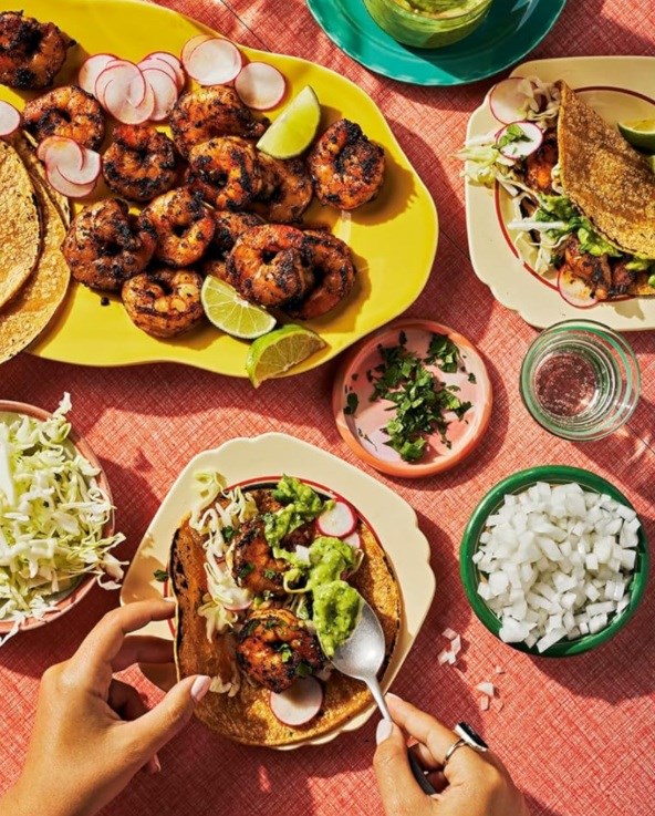Ancho chile shrimp tacos with creamy avocado ginger salsa