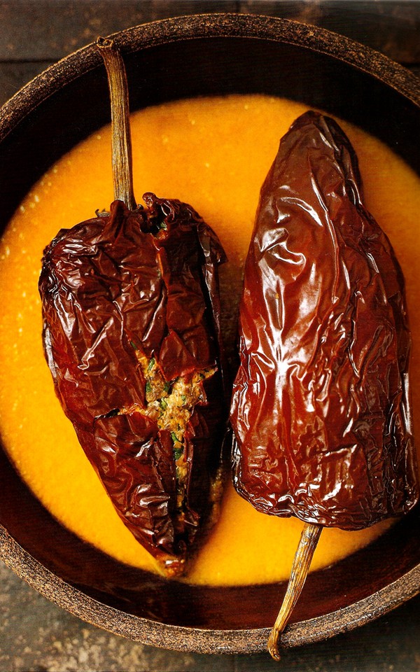Ancho chiles stuffed with beef tenderloin, shiitakes, and cremini