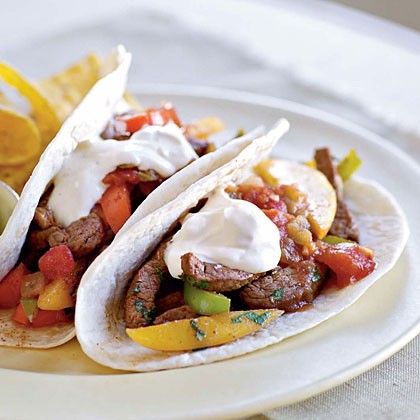Ancho chili-beef fajitas with mango