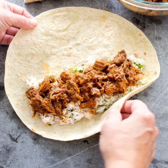 Ancho-orange pork burritos