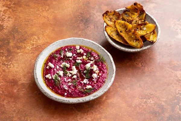Ancho potato skins with beetroot borani and feta