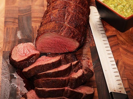 Ancho-rubbed bison tenderloin with spicy cilantro sauce